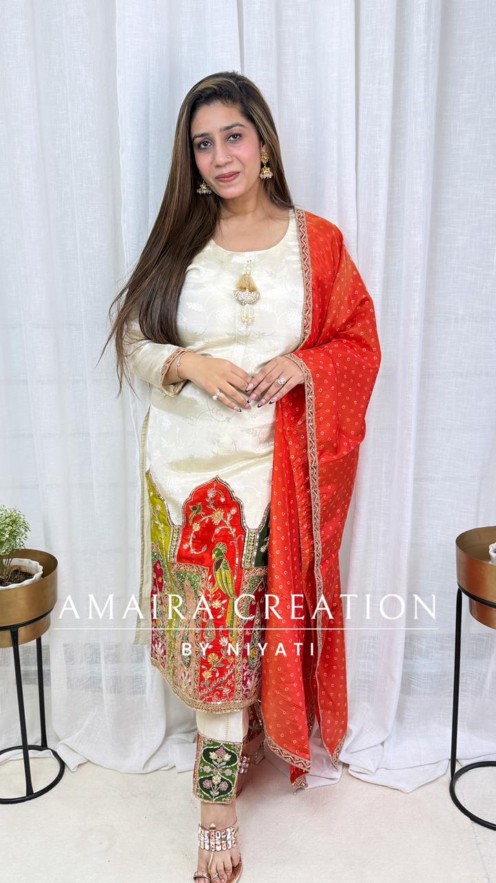 Cream Color Hand Embroidered Pant Set