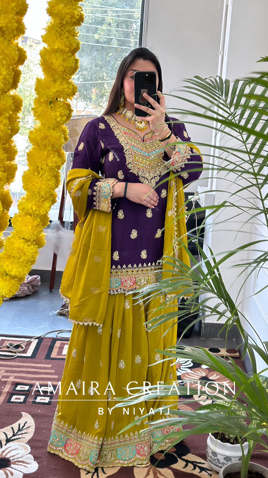 Mustard Yellow Garara Set Contrasted with Purple Top