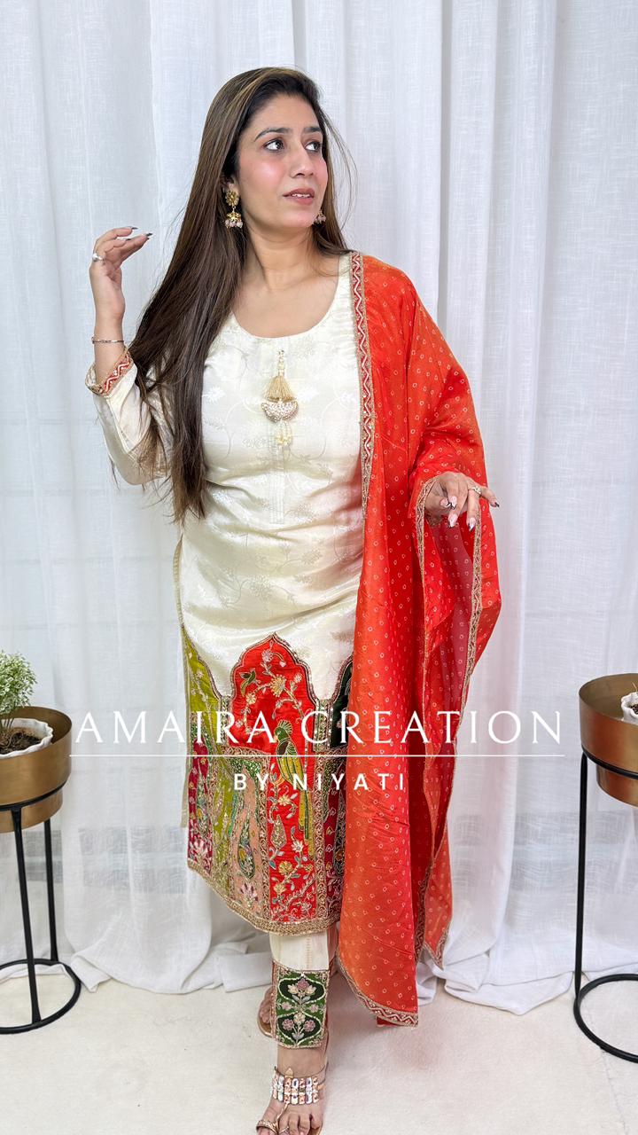 Cream Color Hand Embroidered Pant Set