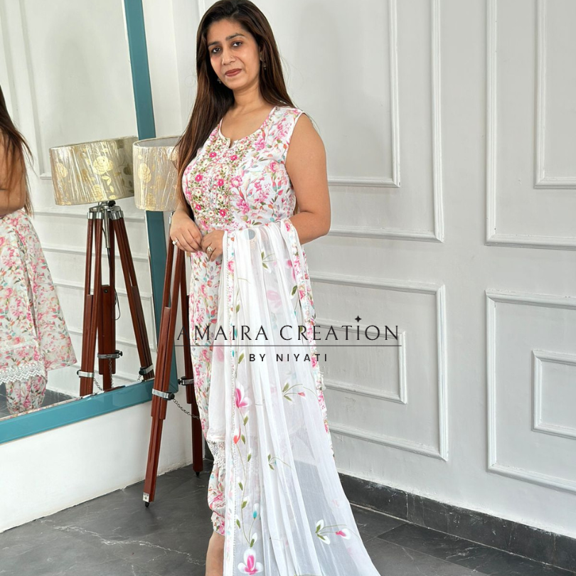 Mul Cotton Afghani Pant Set with Hand Print Chiffon Dupatta