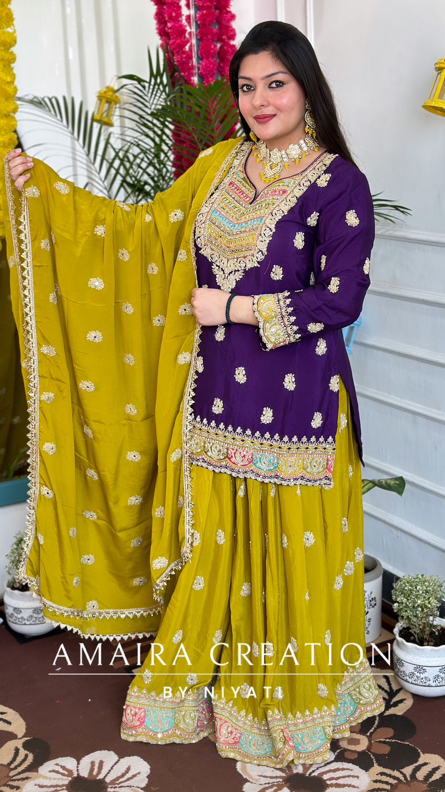 Mustard Yellow Garara Set Contrasted with Purple Top