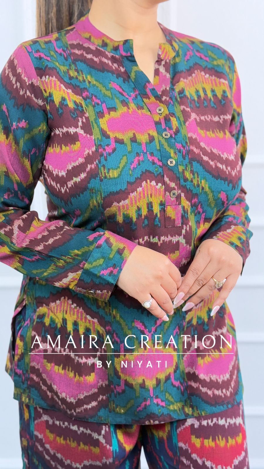 Green Color Ikkat Print Cord Set