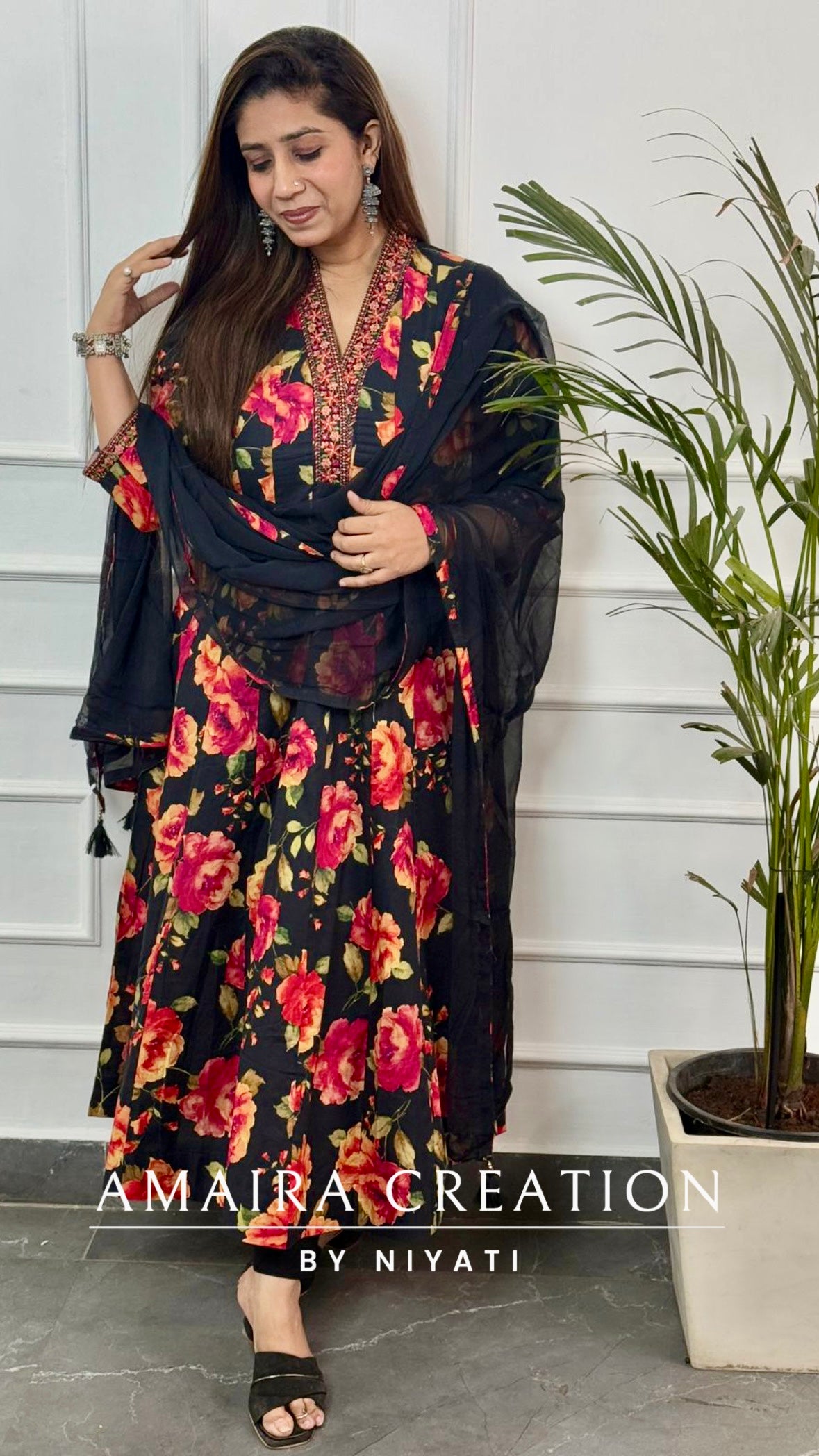 V Neck Black Cotton Thread Embroidered Anarkali Set With Chiffon Dupatta