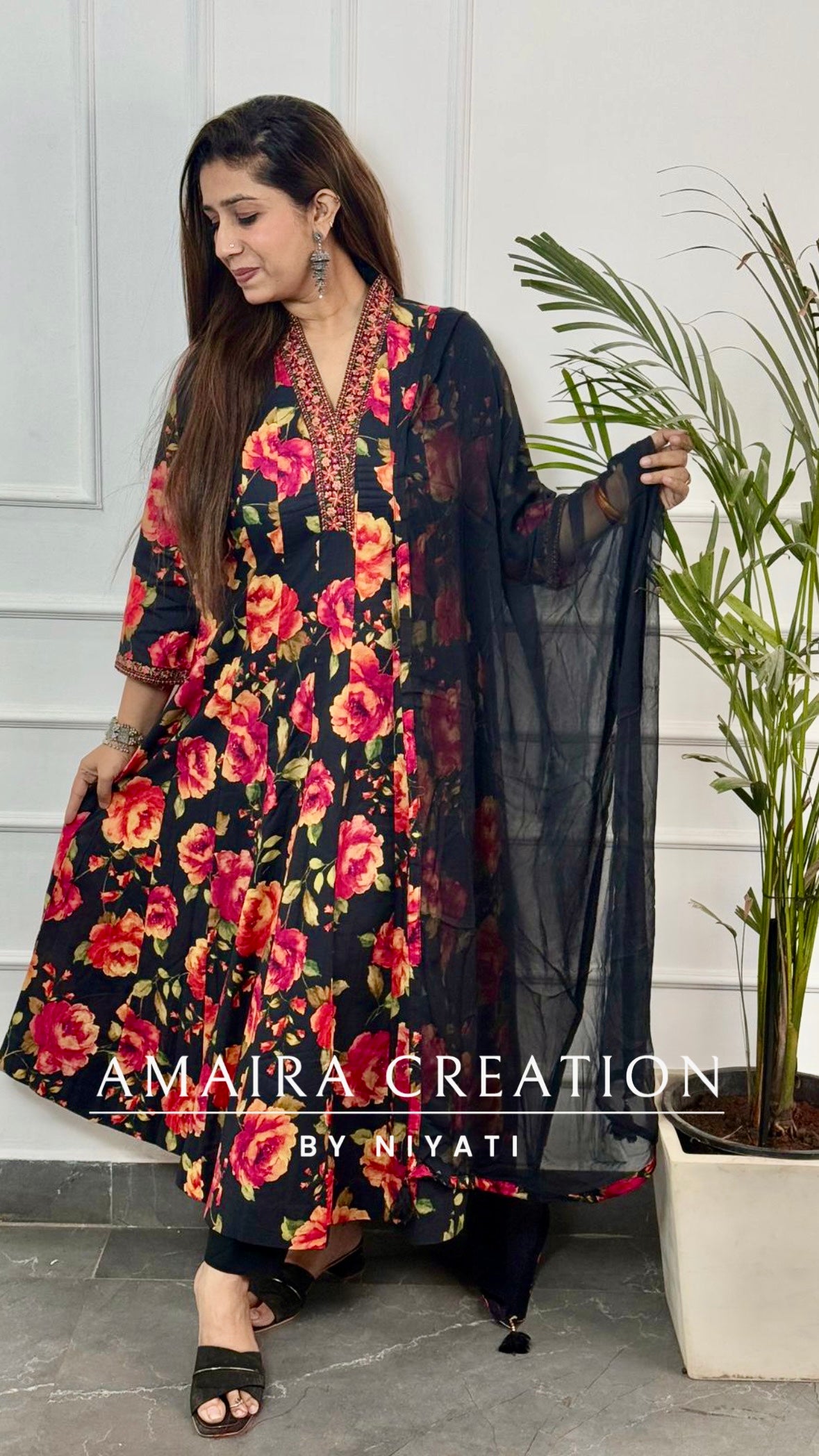 V Neck Black Cotton Thread Embroidered Anarkali Set With Chiffon Dupatta