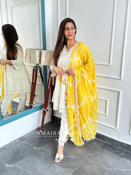 Ivory Mustard A-Line Handwork Pakistani Suit