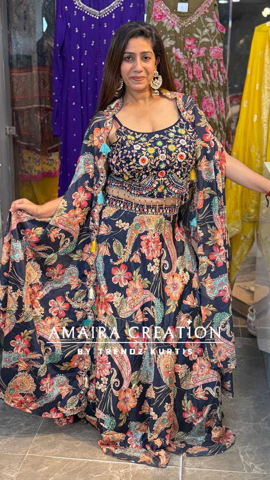 Multi blue skirt set With Shrug