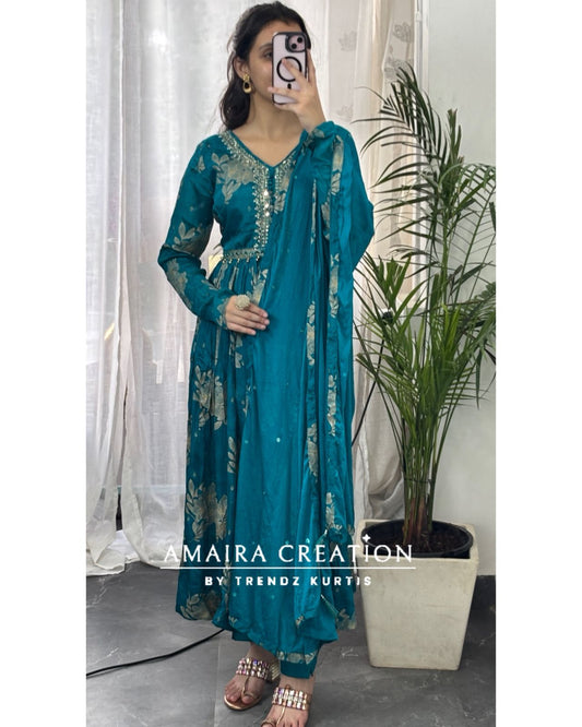 Premium Chinon Rama green Anarkali set