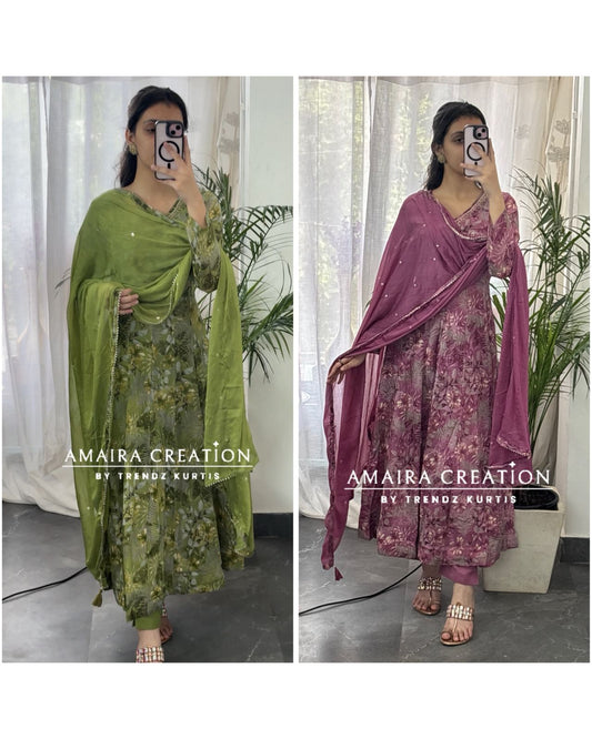 Premium Chinnon Fabric Printed Anarkali Set