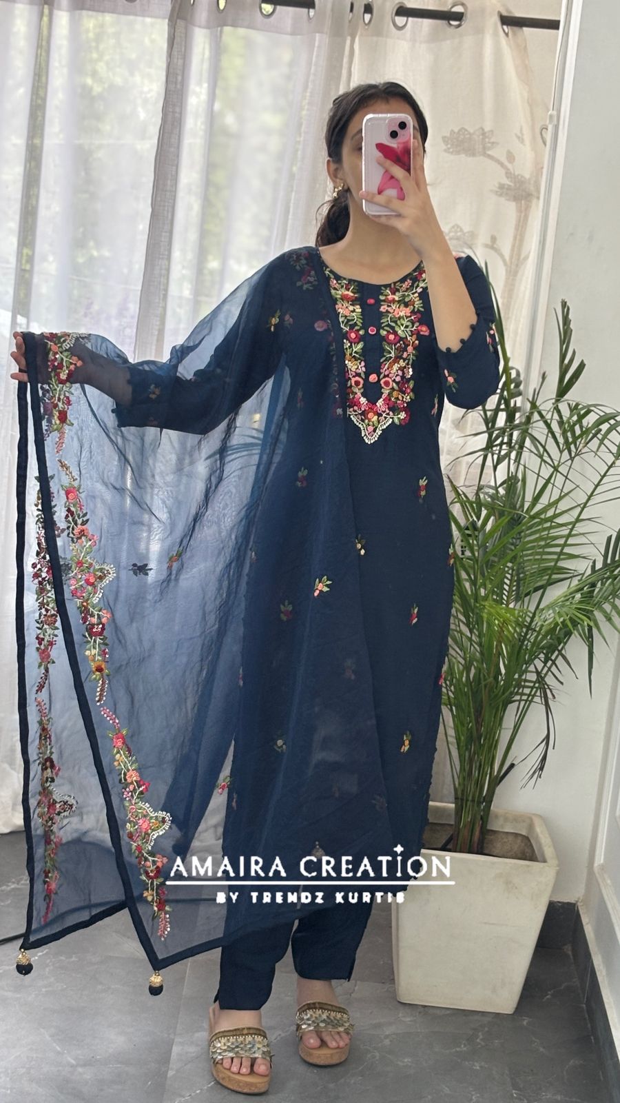Premium Dola Silk Color Thread Embroidered Pant Set