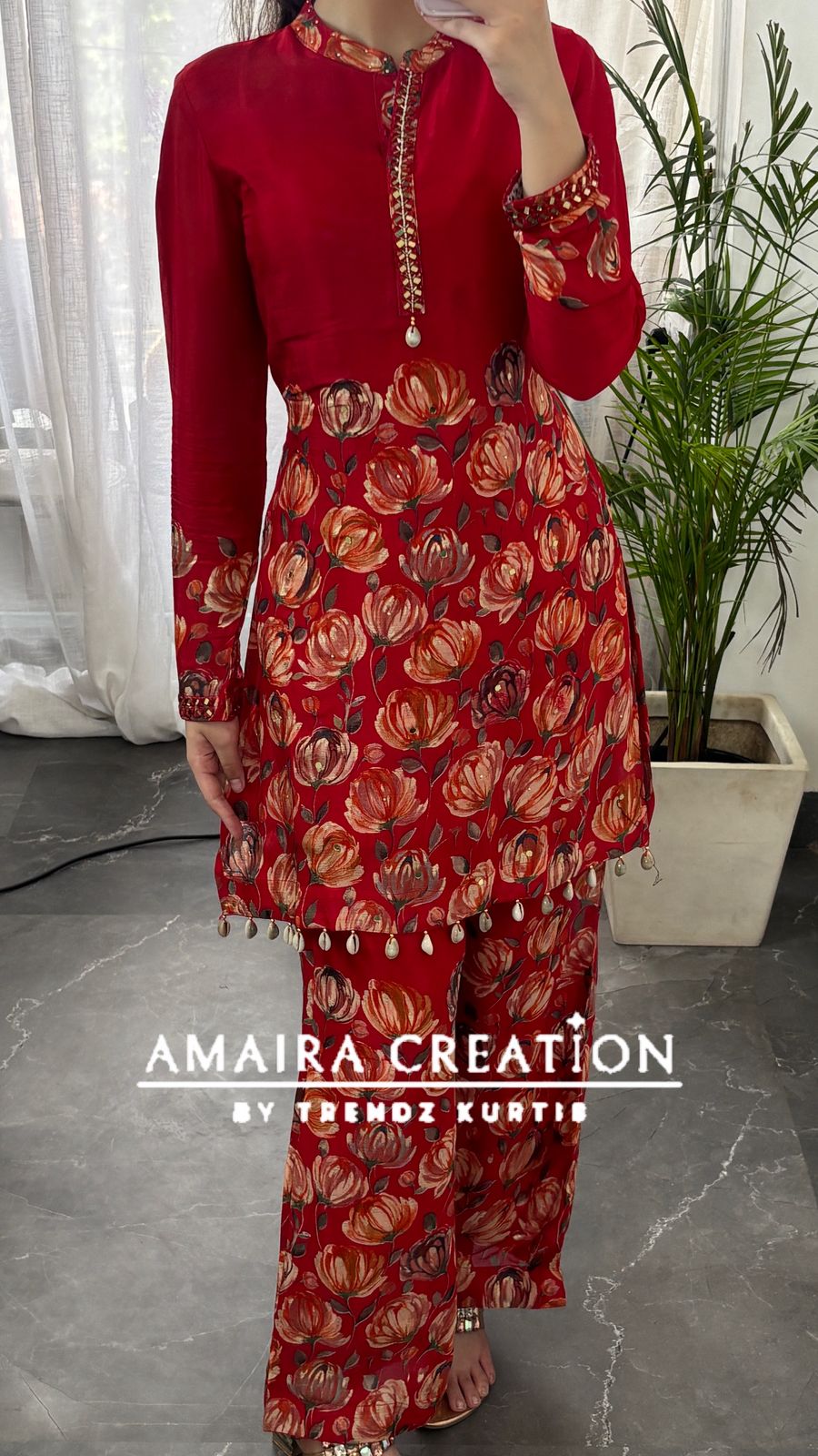 Premium Chinnon Red Floral Cord Set