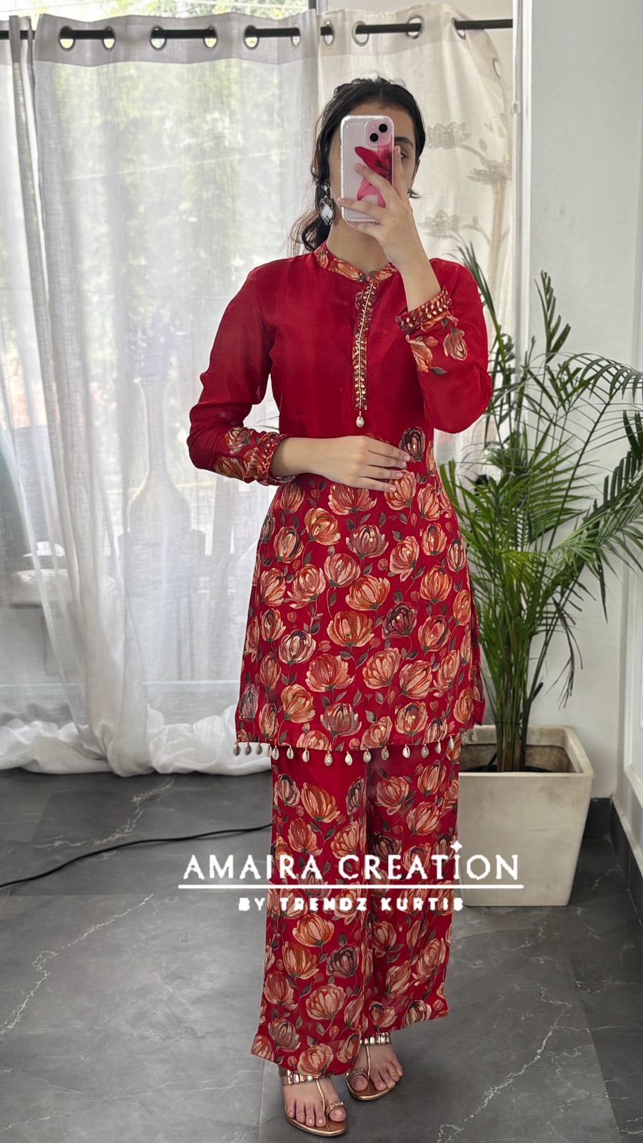Premium Chinnon Red Floral Cord Set