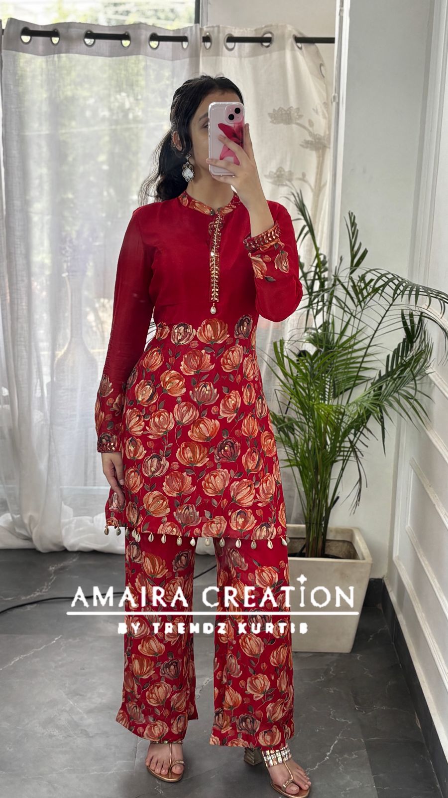 Premium Chinnon Red Floral Cord Set