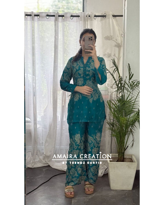 Premium Chinnon Fabric Firozi Color Cord Set