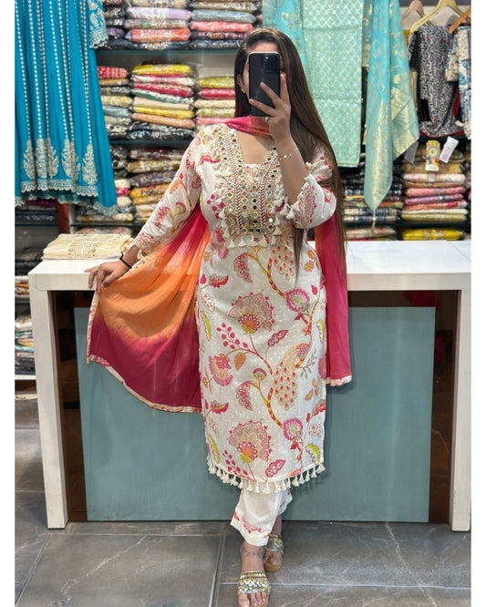 Premium Cotton Cream Cotton Pant Set With Beautiful Lace Detailing
