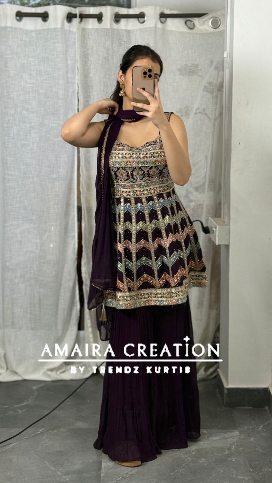 Strap Pattern Thread Embroidered Sharara Set(16 Inches Sleeves Available)