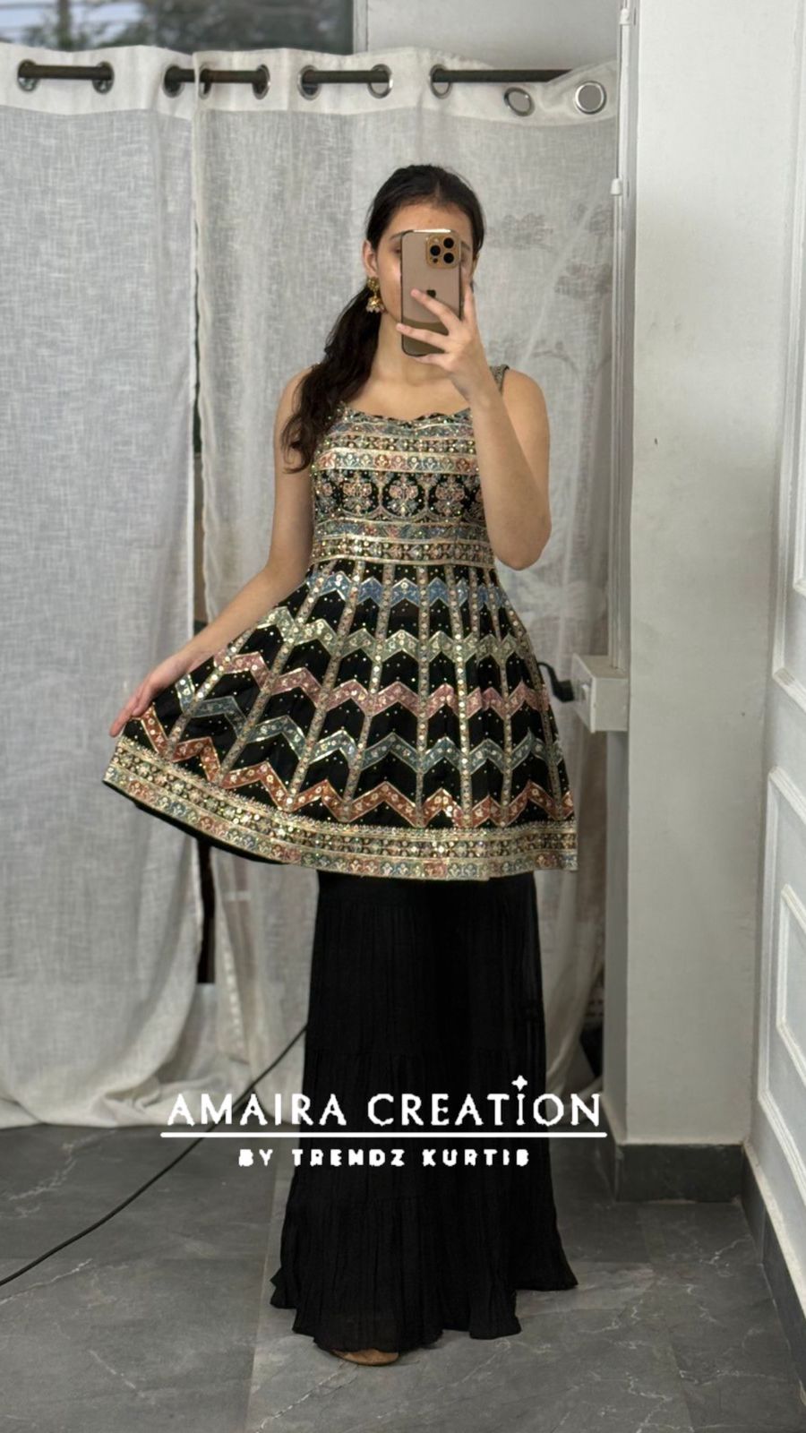 Strap Pattern Thread Embroidered Sharara Set(16 Inches Sleeves Available)