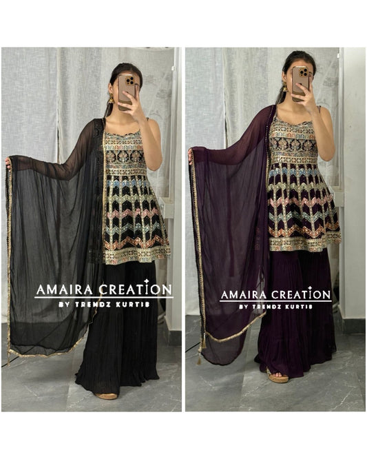 Strap Pattern Thread Embroidered Sharara Set(16 Inches Sleeves Available)