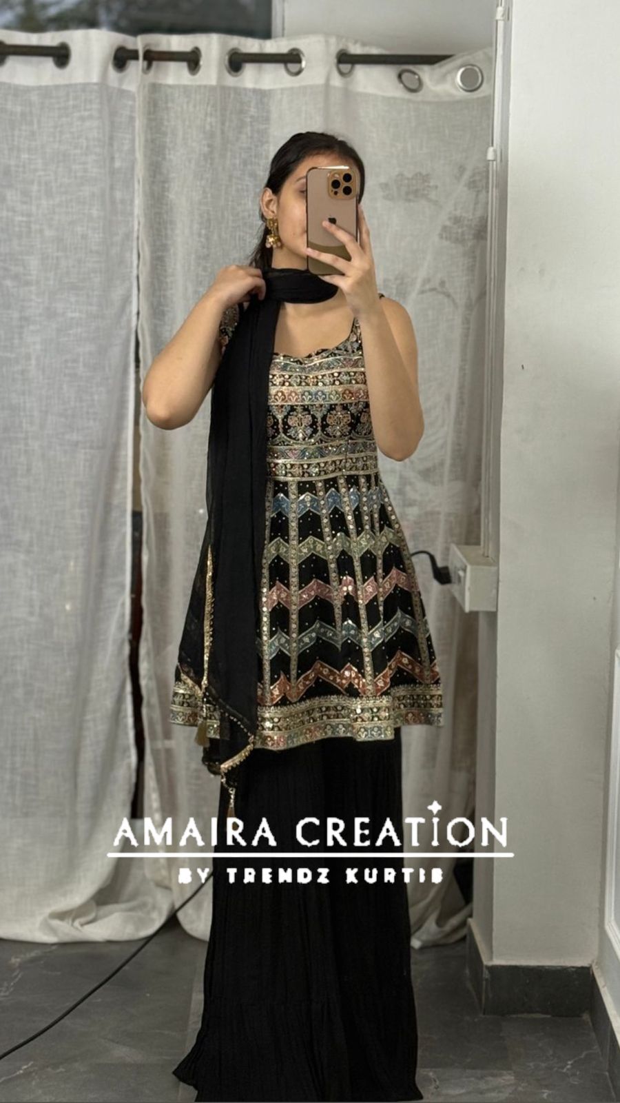 Strap Pattern Thread Embroidered Sharara Set(16 Inches Sleeves Available)
