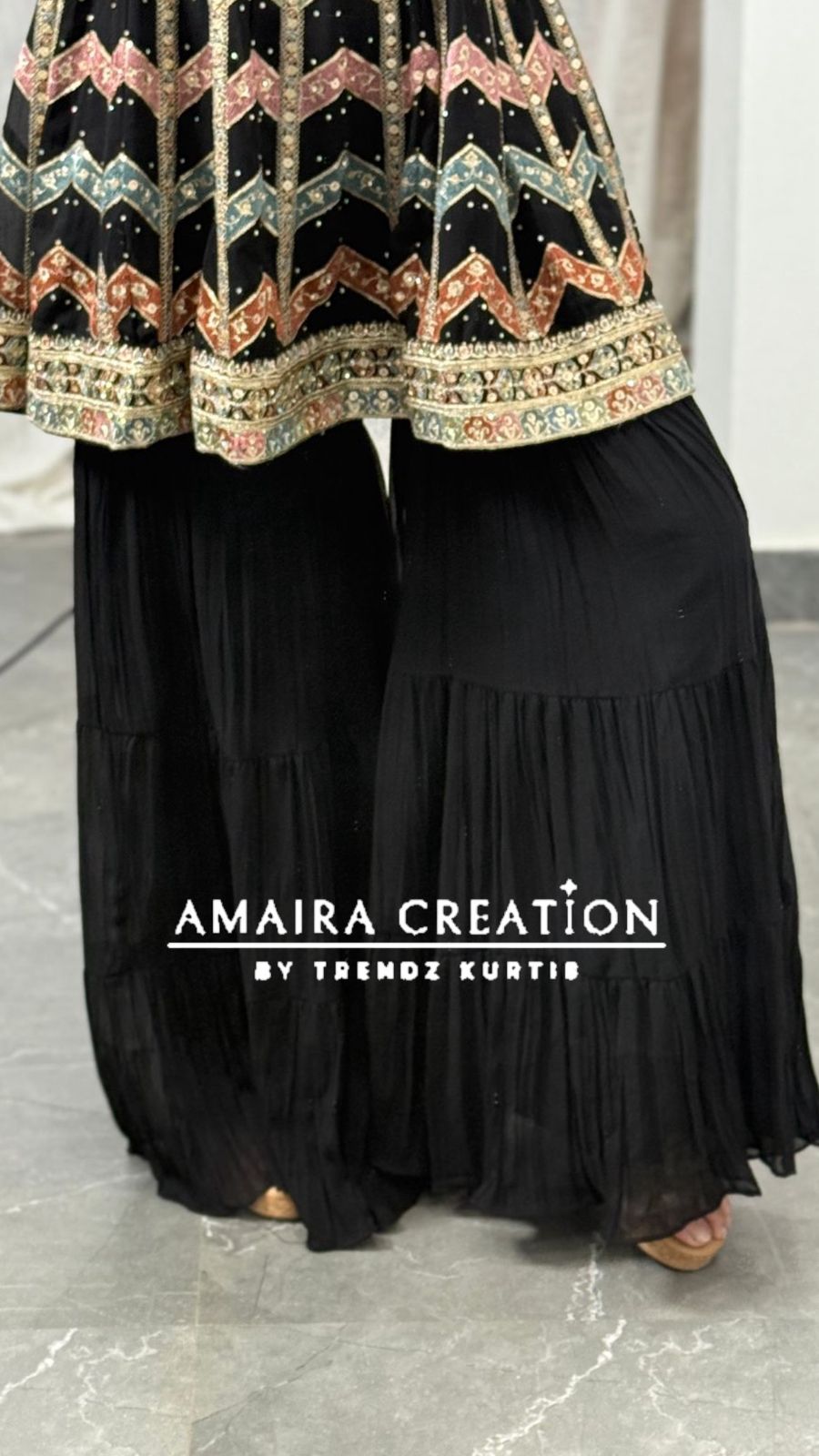 Strap Pattern Thread Embroidered Sharara Set(16 Inches Sleeves Available)
