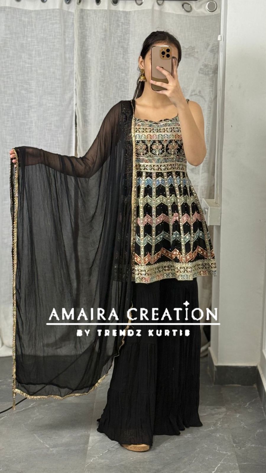 Strap Pattern Thread Embroidered Sharara Set(16 Inches Sleeves Available)