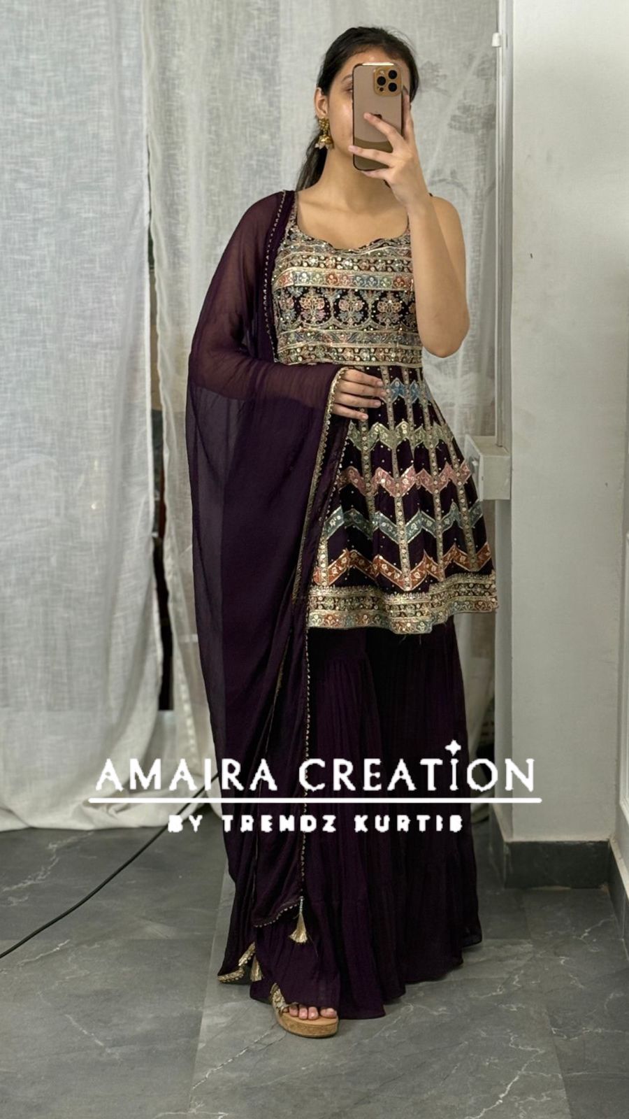 Strap Pattern Thread Embroidered Sharara Set(16 Inches Sleeves Available)