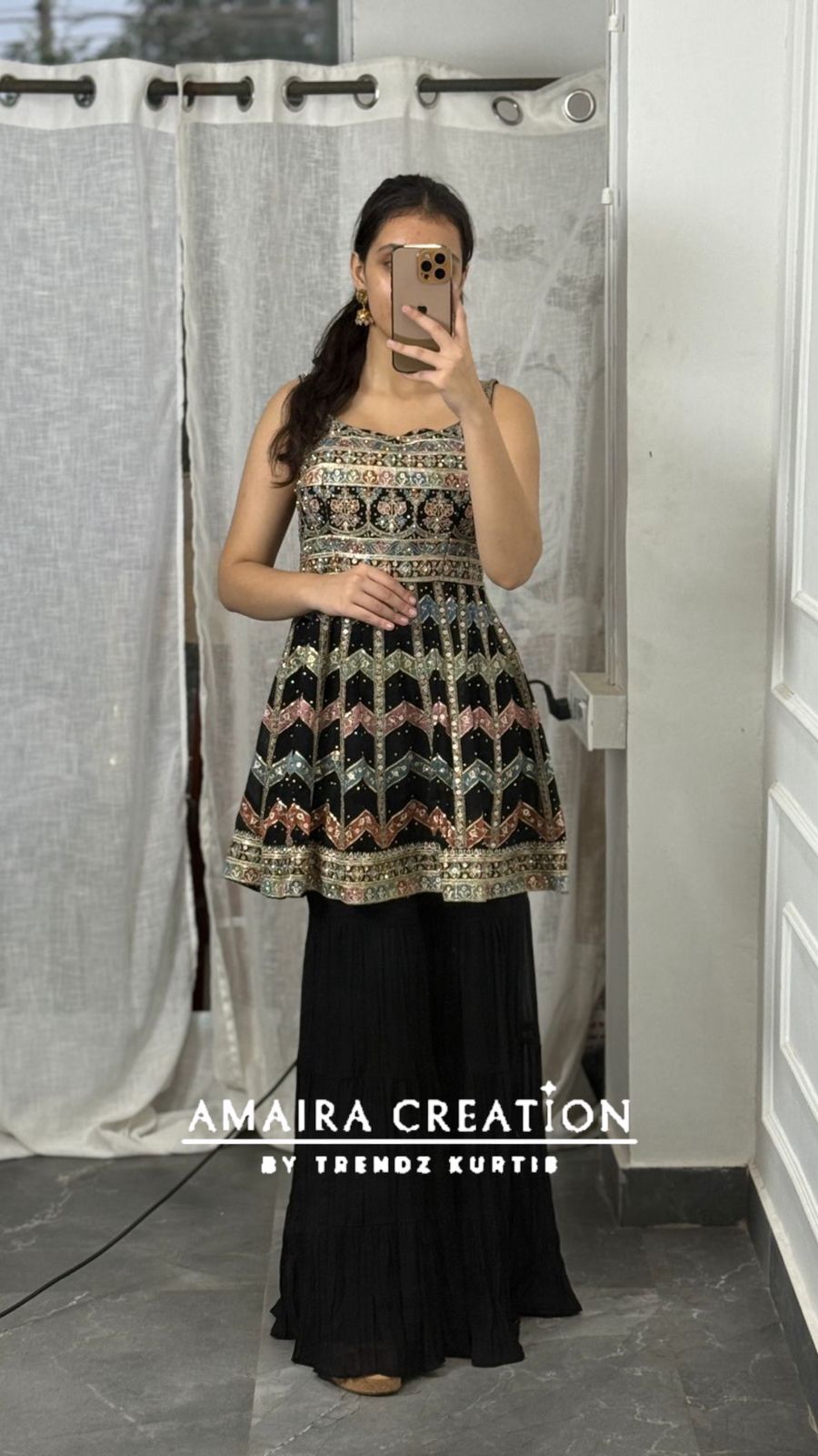 Strap Pattern Thread Embroidered Sharara Set(16 Inches Sleeves Available)