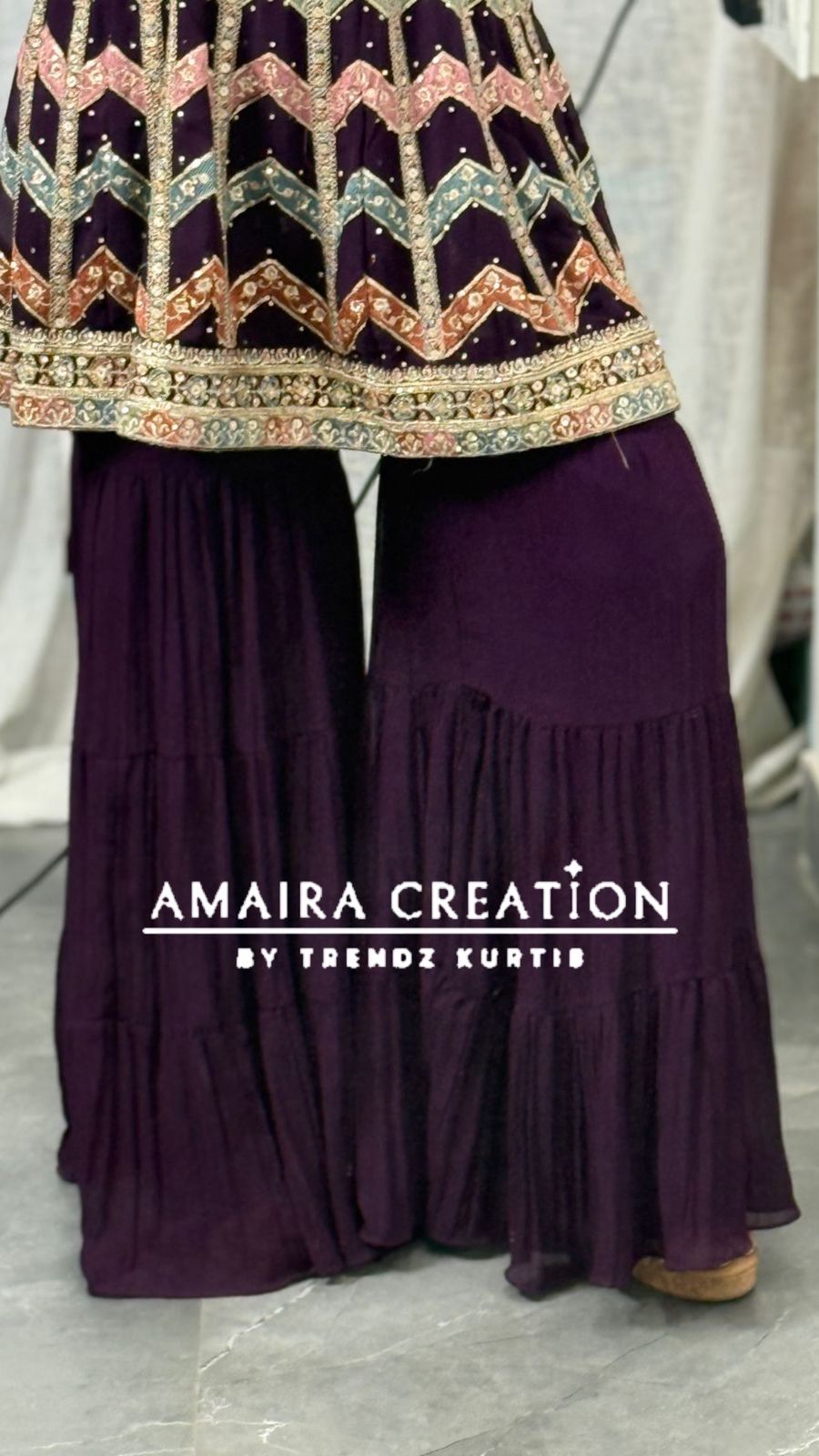 Strap Pattern Thread Embroidered Sharara Set(16 Inches Sleeves Available)