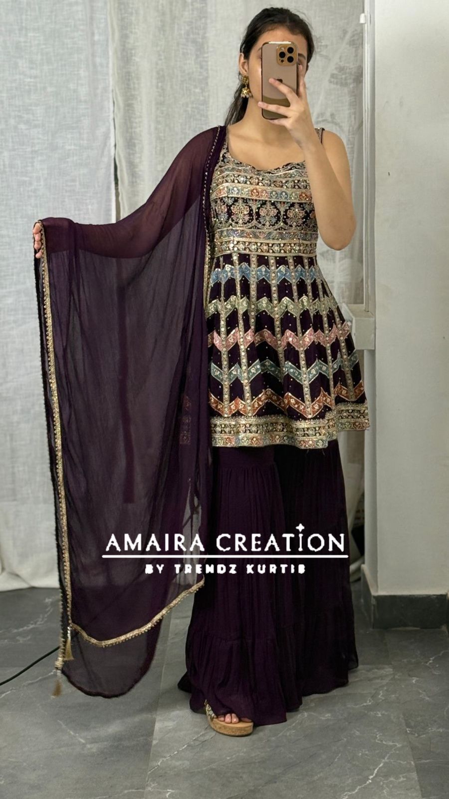 Strap Pattern Thread Embroidered Sharara Set(16 Inches Sleeves Available)