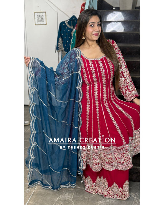 Red Georgette Heavy Embroidered Full Mirror Pasting Anarkali Plazo Suit With Organza Embroidered Dupatta
