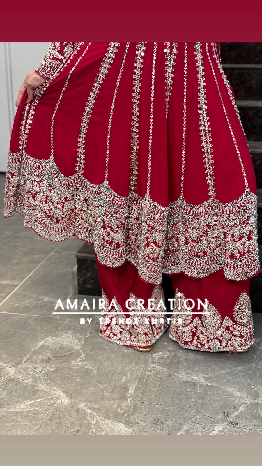 Red Georgette Heavy Embroidered Full Mirror Pasting Anarkali Plazo Suit With Organza Embroidered Dupatta