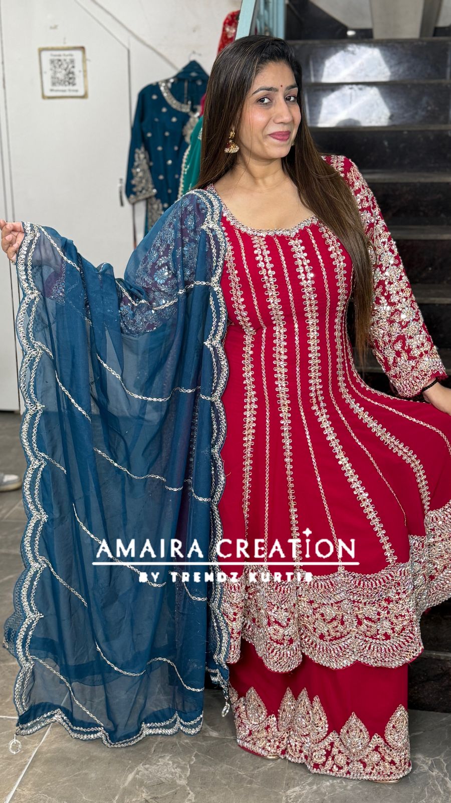 Red Georgette Heavy Embroidered Full Mirror Pasting Anarkali Plazo Suit With Organza Embroidered Dupatta