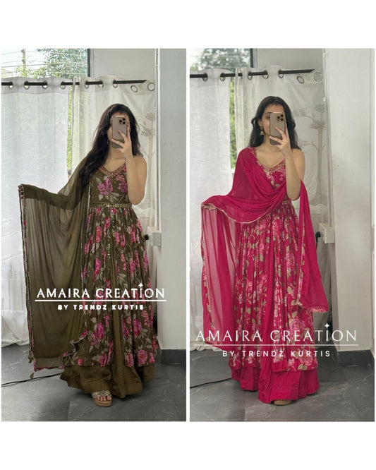 Premium Chinnon Floral Print Centre Slit Skirt Set(17 inches sleeves available)