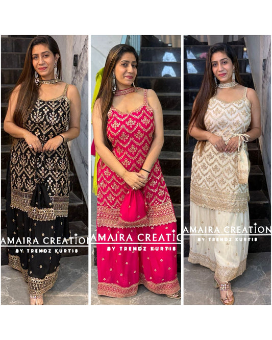 Premium Chinnon Strap Pattern Sharara Set (17 inches sleeves available)