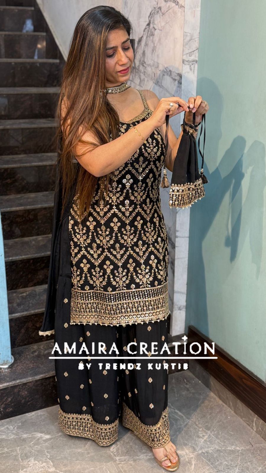 Premium Chinnon Strap Pattern Sharara Set (17 inches sleeves available)