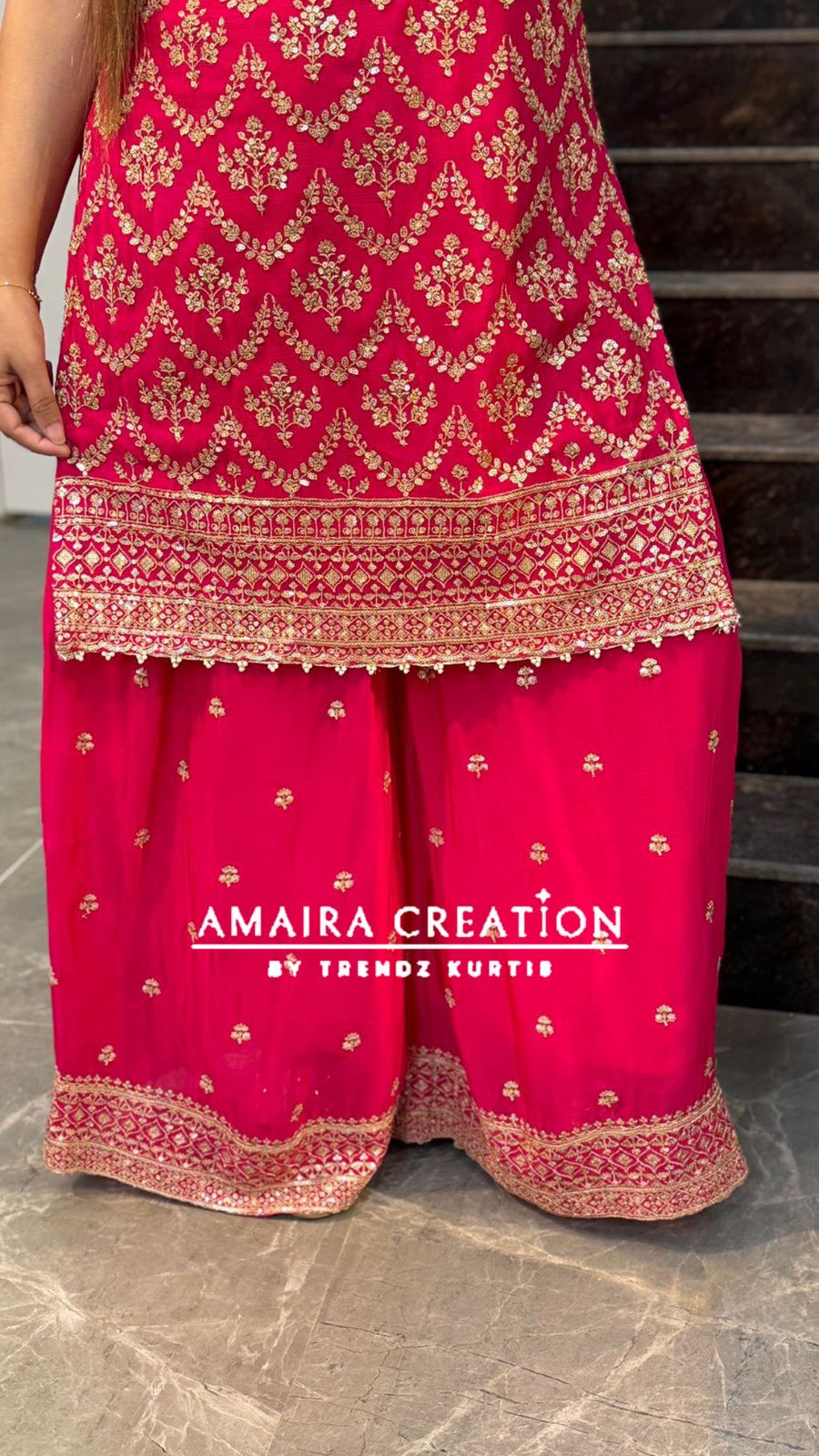 Premium Chinnon Strap Pattern Sharara Set (17 inches sleeves available)
