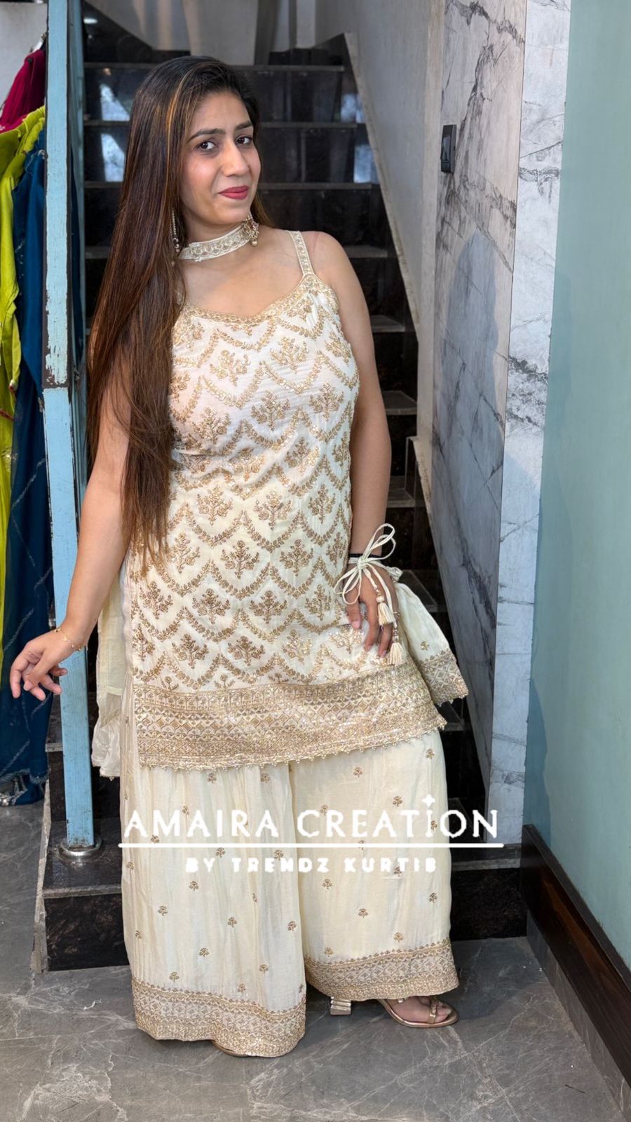 Premium Chinnon Strap Pattern Sharara Set (17 inches sleeves available)
