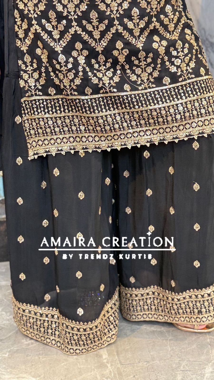 Premium Chinnon Strap Pattern Sharara Set (17 inches sleeves available)