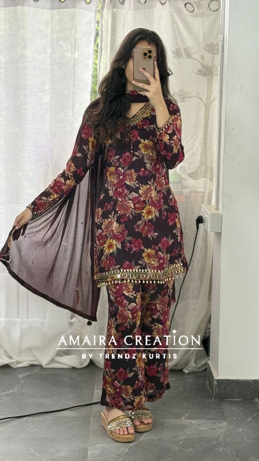 Premium Chinnon Wine Short Kurti Plazo Set