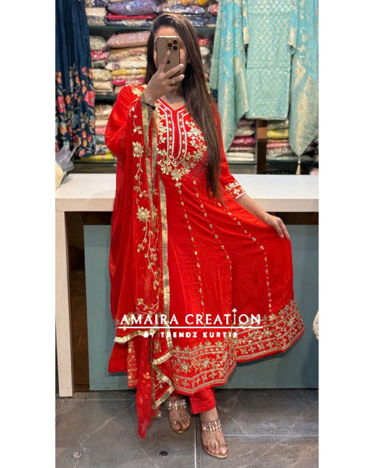 Premium Chinnon Tomato Red Colour Gotta Patti Work Anarkali Set
