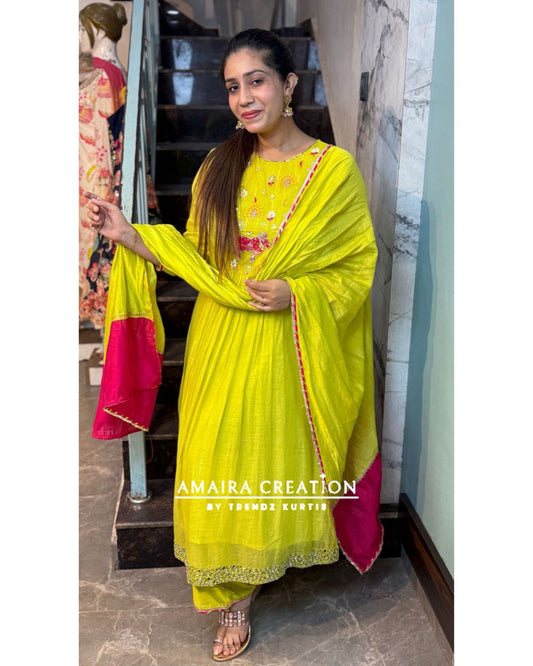 Premium Mul Chanderi Neon Embroidered Mirror Work A Line Set