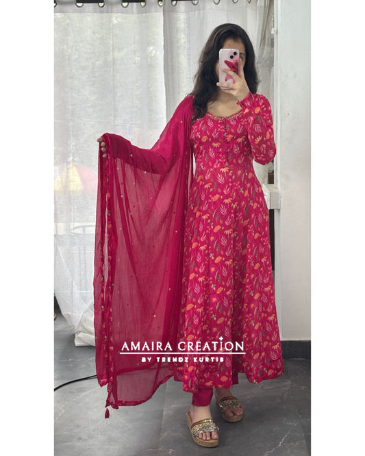 Premium Chinnon Magenta Pink Anarkali Set