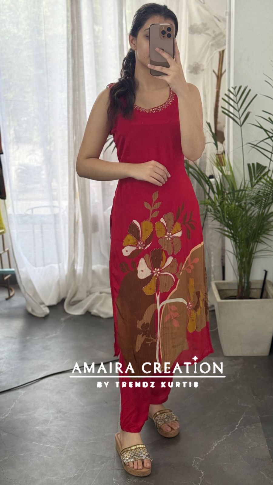 Premium Chinnon Red Floral print Pant Set(17 inches sleeves available)