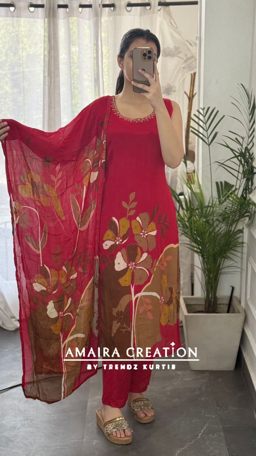 Premium Chinnon Red Floral print Pant Set(17 inches sleeves available)