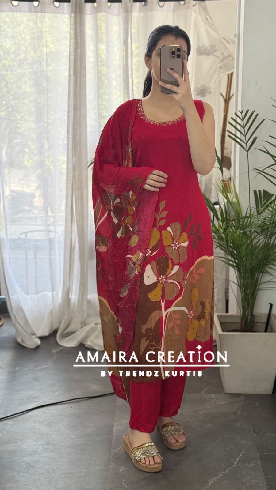 Premium Chinnon Red Floral print Pant Set(17 inches sleeves available)