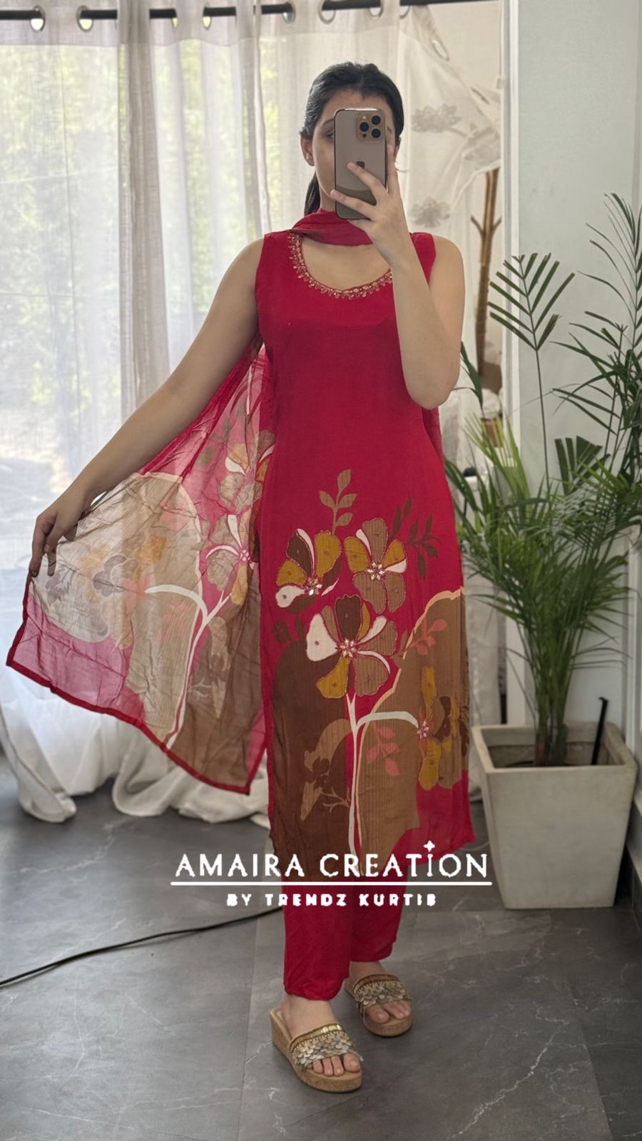 Premium Chinnon Red Floral print Pant Set(17 inches sleeves available)