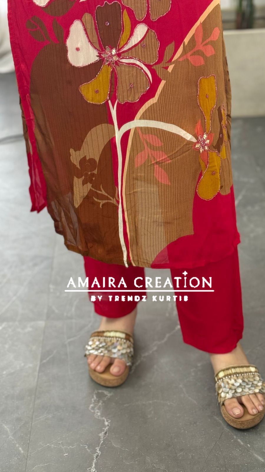 Premium Chinnon Red Floral print Pant Set(17 inches sleeves available)