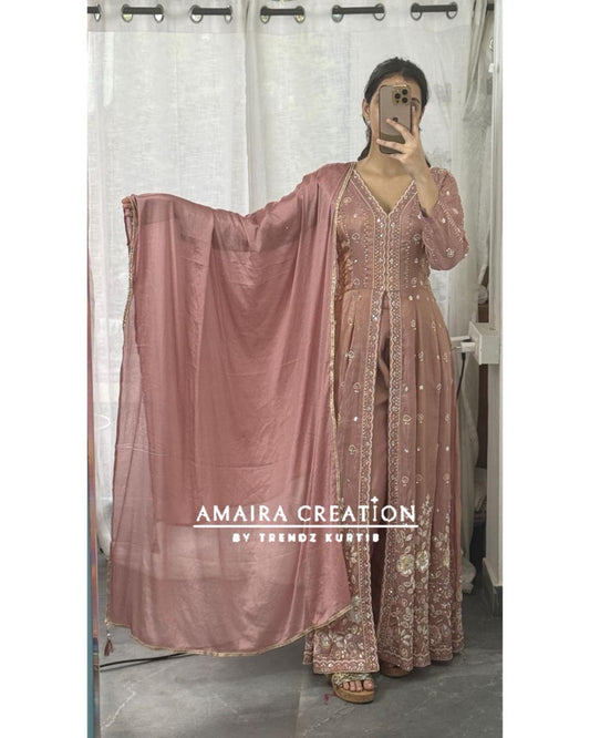 Premium Glass Tissue Mauve Color Full Work Centre Slit Pant Set