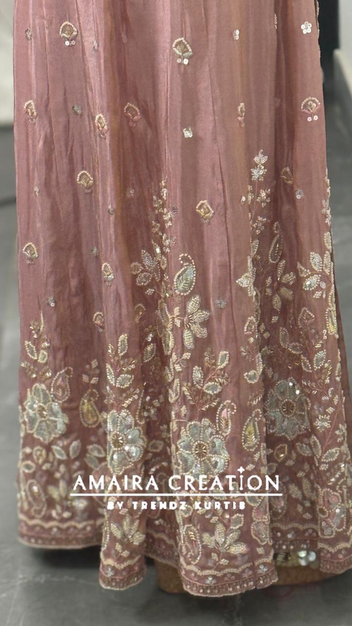 Premium Glass Tissue Mauve Color Full Work Centre Slit Pant Set