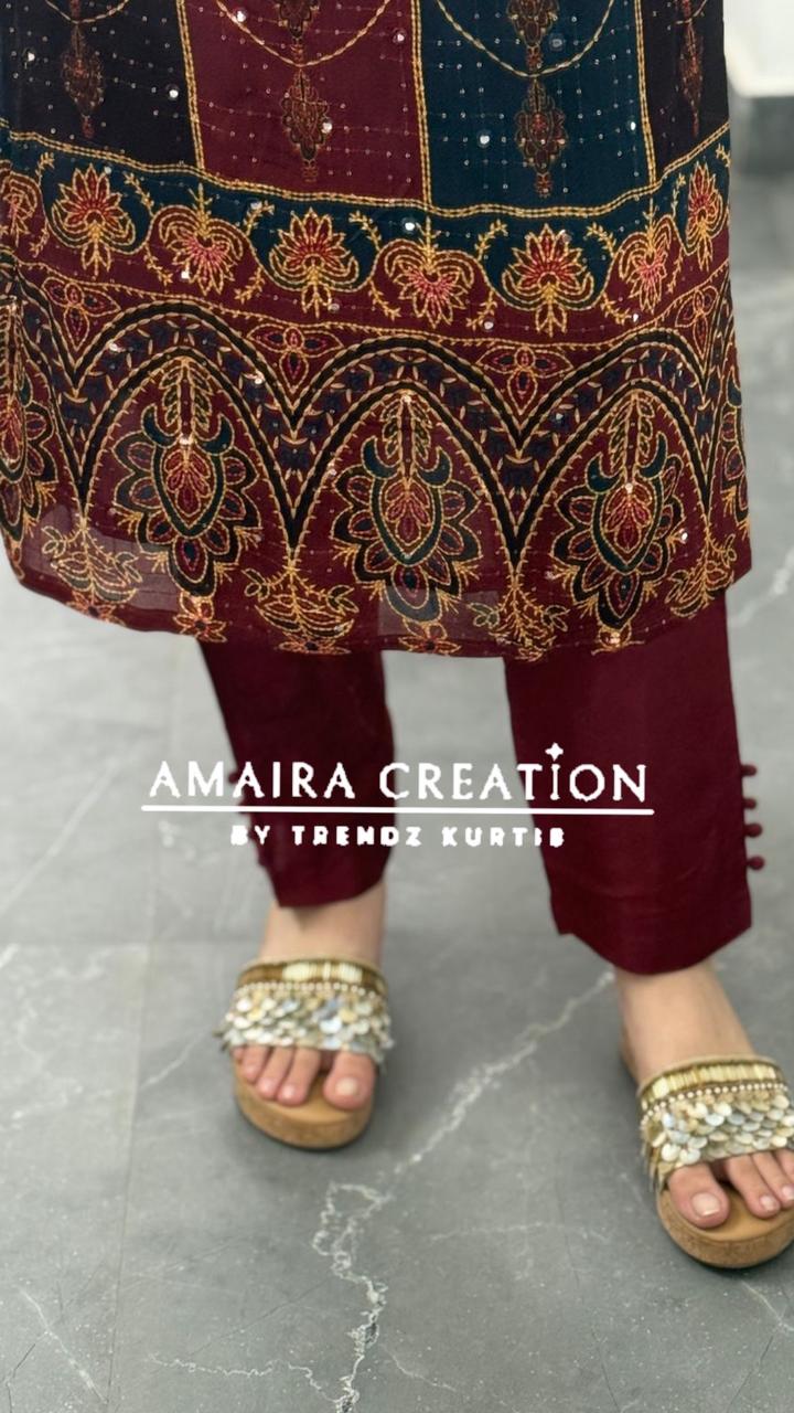 Premium Chinnon Maroon Blue Colour Pant Set( 17 inches sleeves available)
