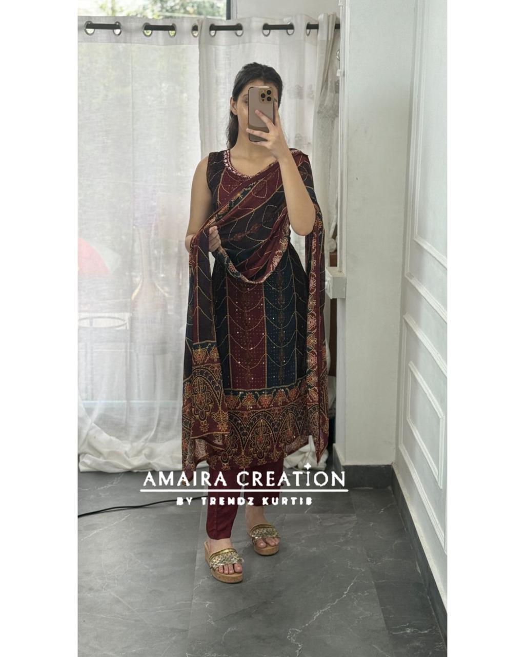 Premium Chinnon Maroon Blue Colour Pant Set( 17 inches sleeves available)